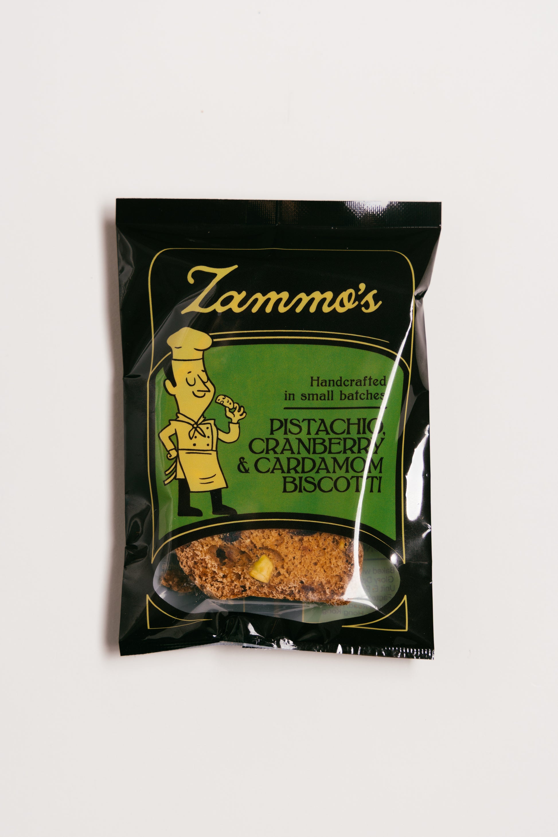 Single-serve Pistachio, Cranberry & Cardamom Biscotti – Zammo’s Hong Kong. Individually wrapped Pistachio, Cranberry & Cardamom Biscotti portions. 